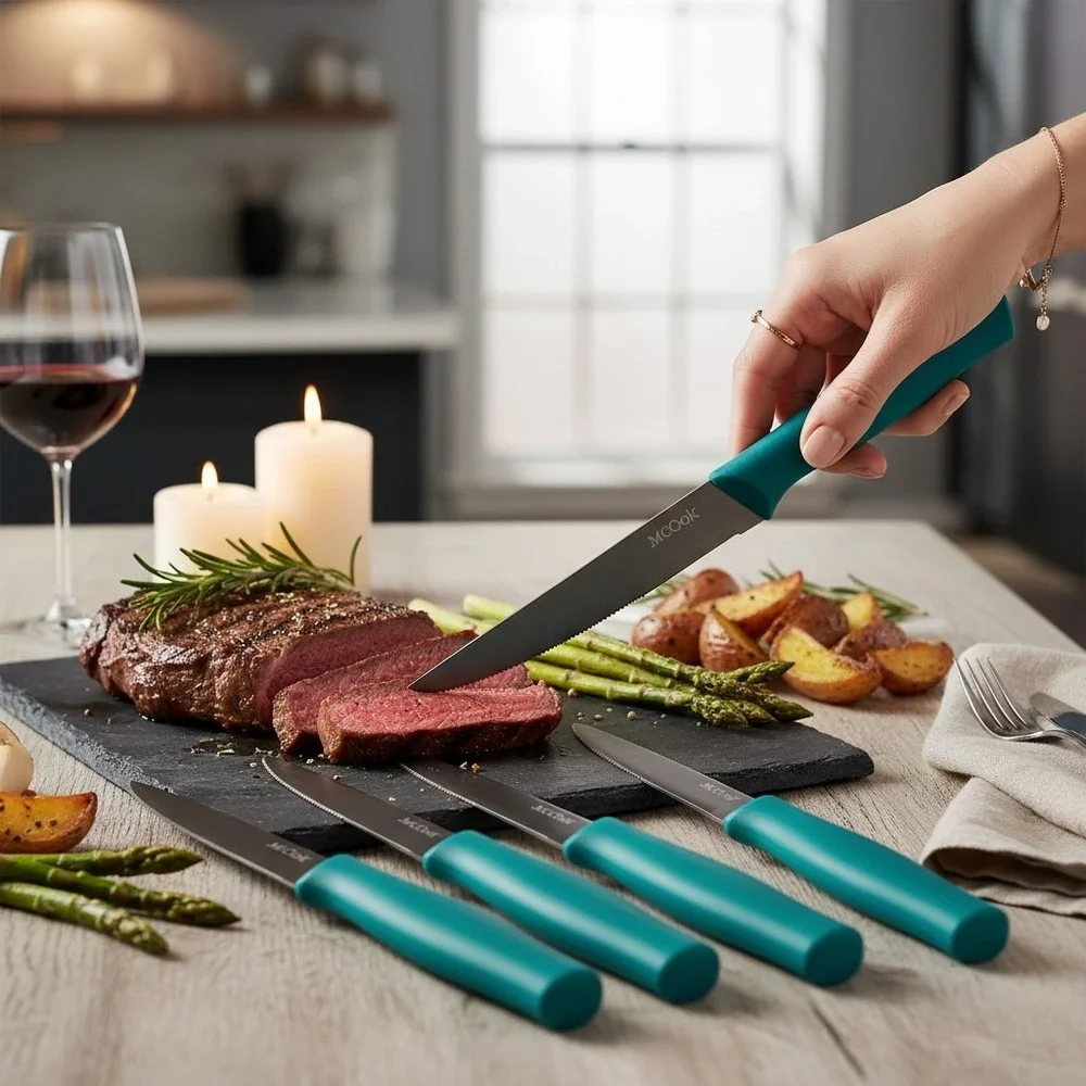 McCook Steak Knife Set MC57 8pc Turquoise New Stainless Steel