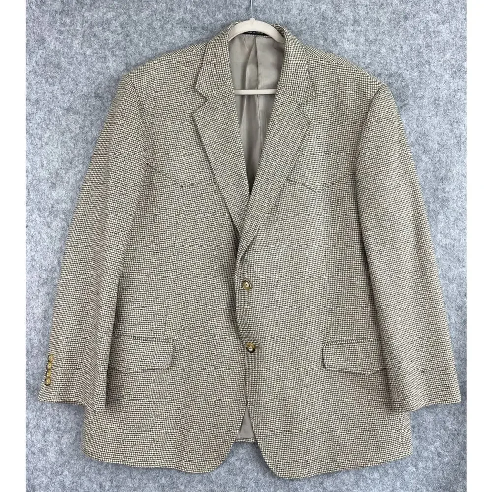 Luskeys Ryons Silk Western Blazer Sport Coat Mens 48L Beige Houndstooth‎ Cowboy