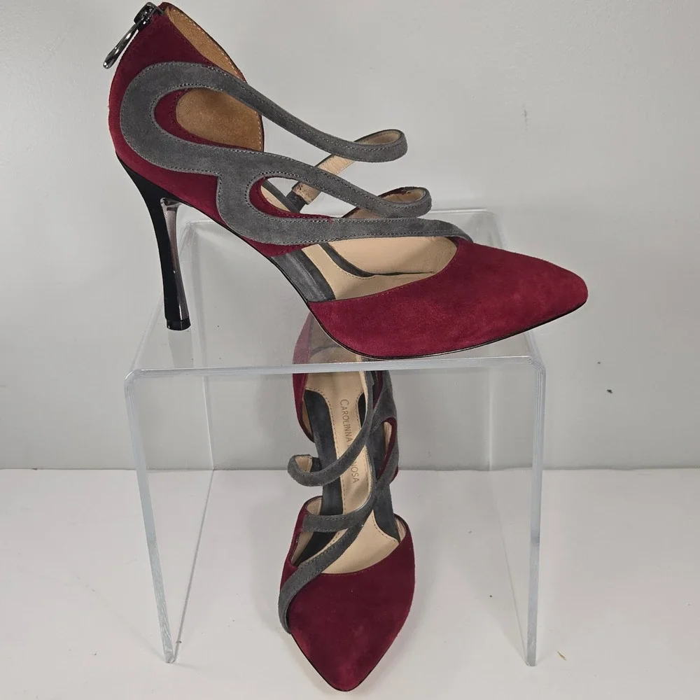 Carolinna Espinosa Pumps Womens 7.5 Burgundy‎ Suede Colorblock Strappy Heel
