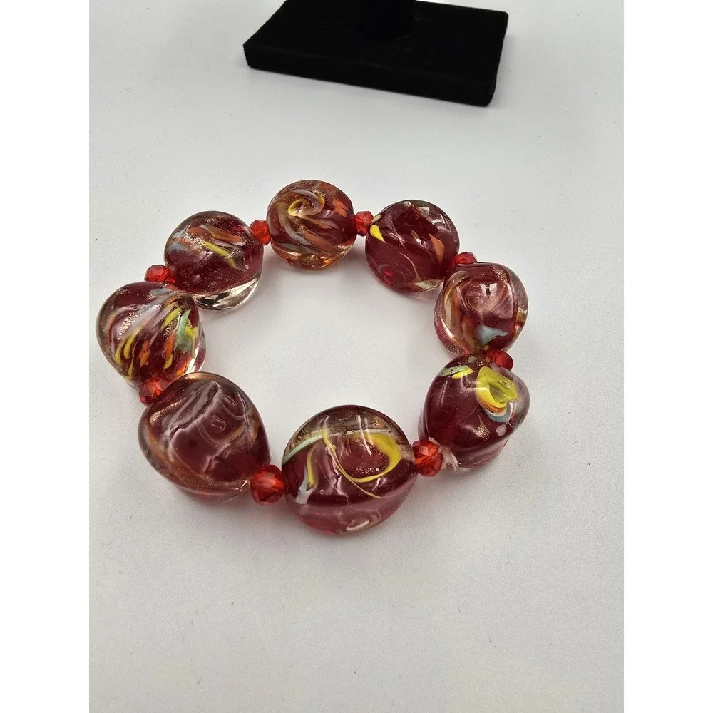 Chunky Red Swirl Art Glass Lamp work Foil Bead Stretch Bracelet‎ Fashion Jewelry