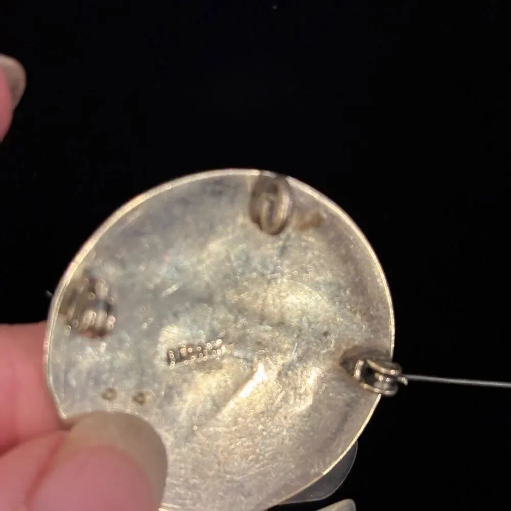 Alpaca Vintage Silver Round Brooch with Inlay Design Signed