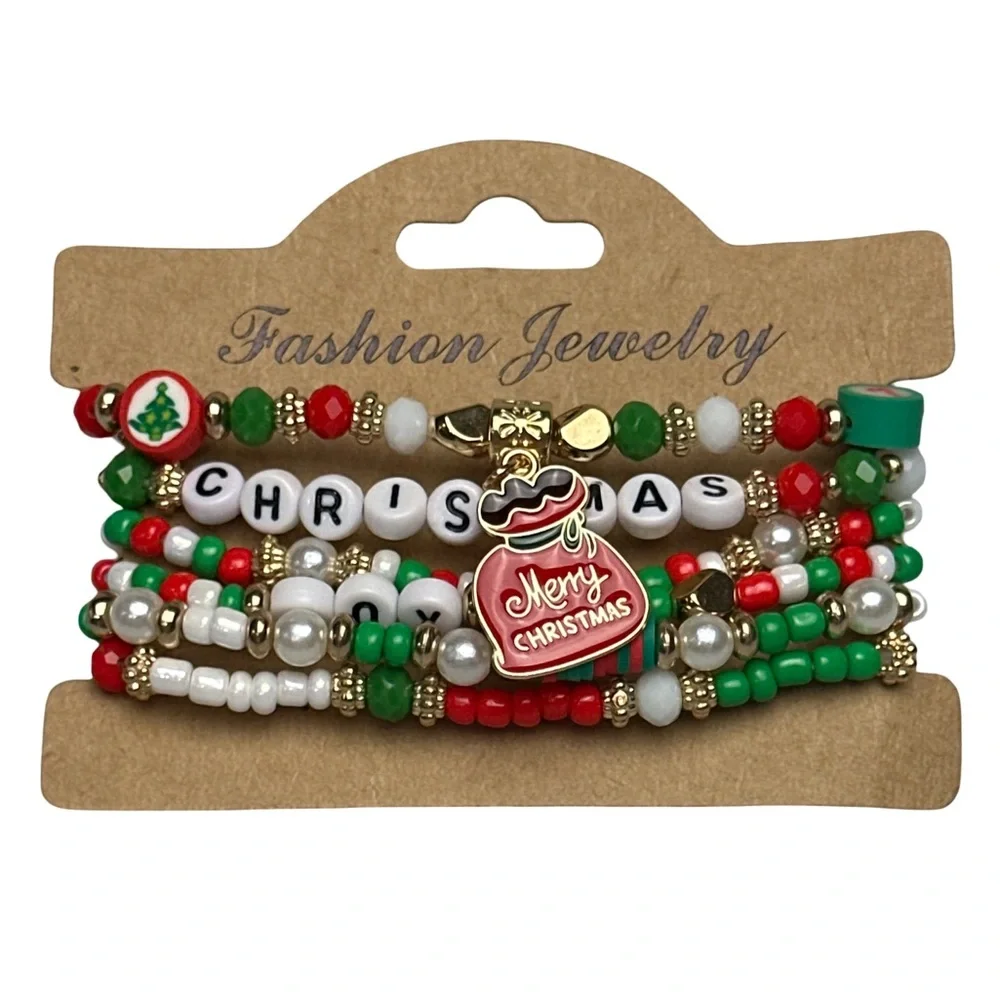 Festive Stretchy Christmas Beaded Bracelet Set Red Green Gold Holiday Jewelry