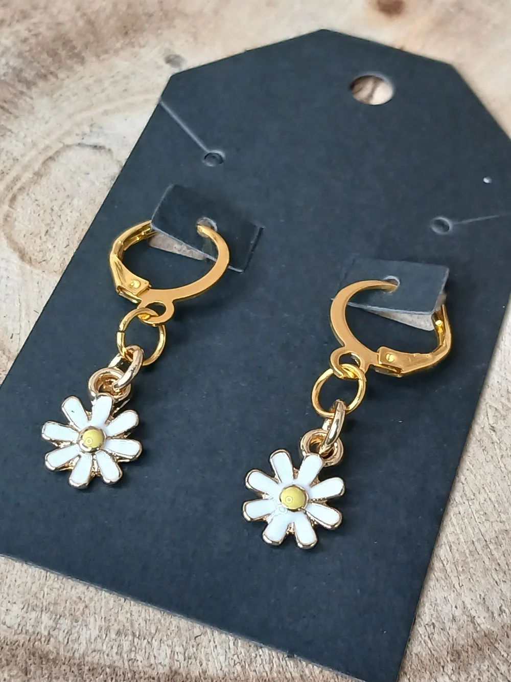 Gold Daisy Drop Hoop Earrings - White & Yellow Flower Charm