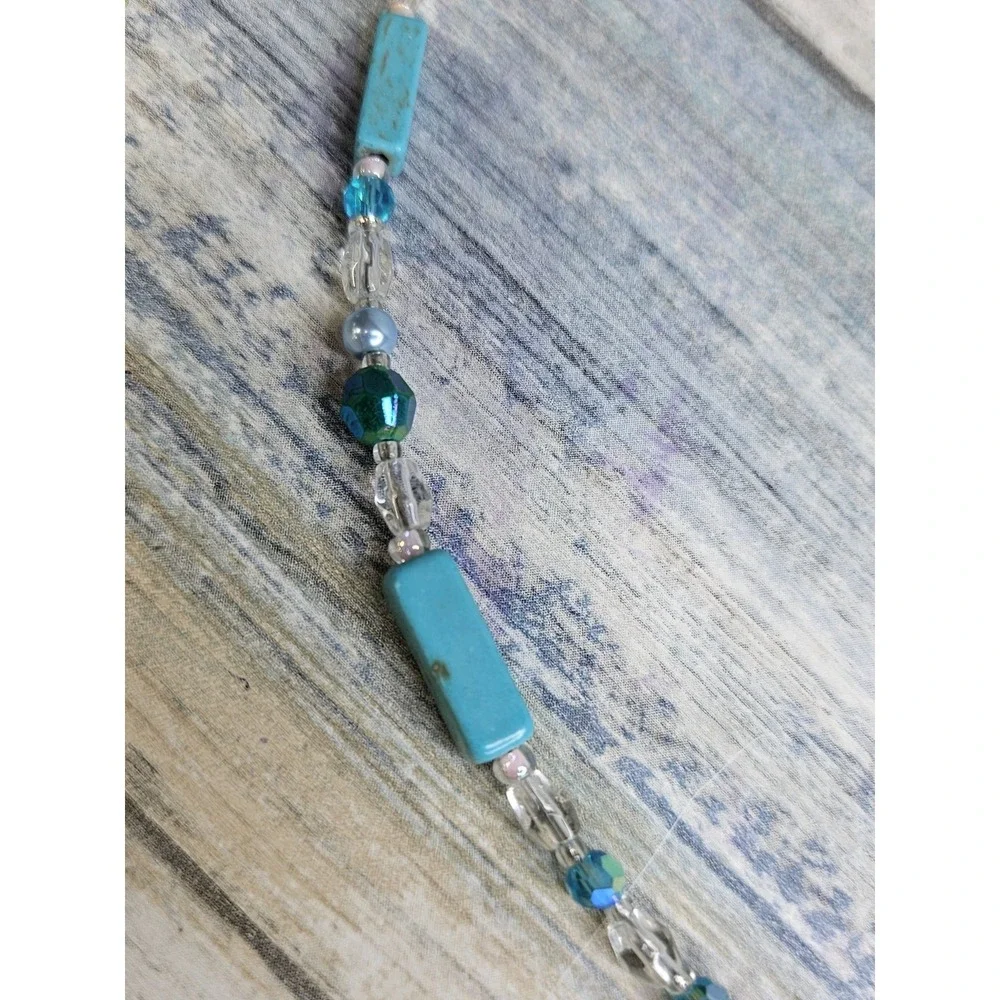 Teal Blue Cat's Eye Heart Crystal‎ Beads Toggle Clasp Necklace Turquoise 20