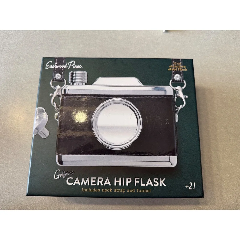 Eastwood Pines Camera Hip Flask 11oz Stainless Steel Silver Black NIB Gift Set