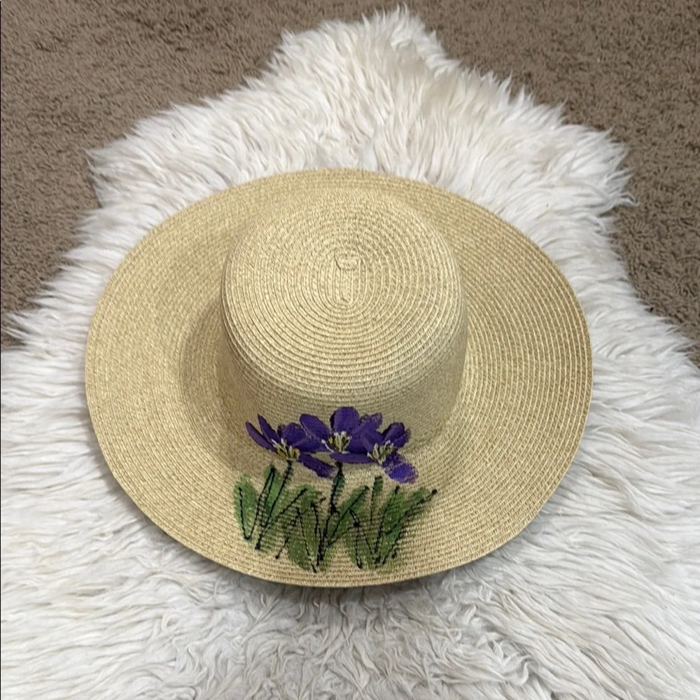 Joy Susan Hand Painted Woven Paper Floral Brim Sunhat OS‎