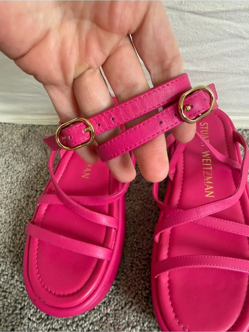Stuart Weitzman Hot Pink Strappy Platform Sandals gold metal buckles