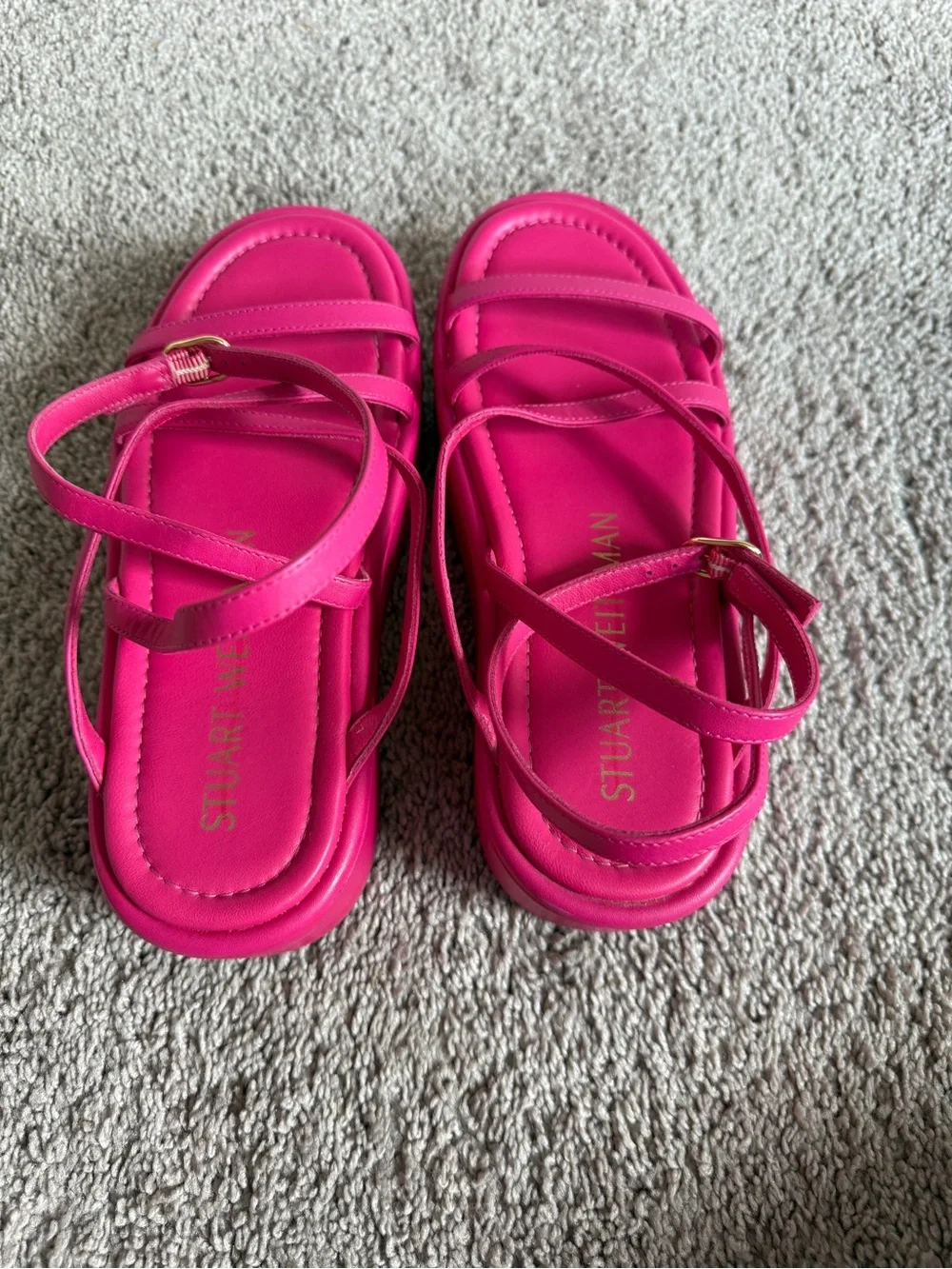 Stuart Weitzman Hot Pink Strappy Platform Sandals gold metal buckles