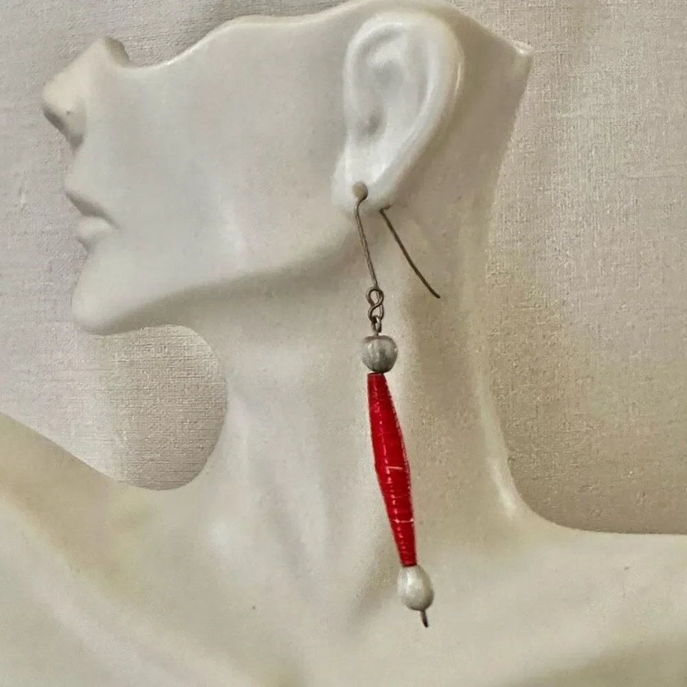 red white paper seed beaded earrings red paper