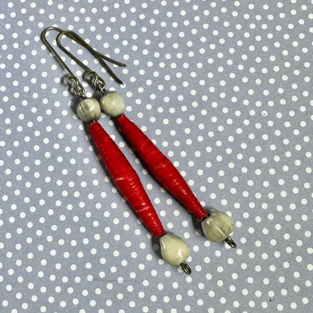 red white paper seed beaded earrings red paper
