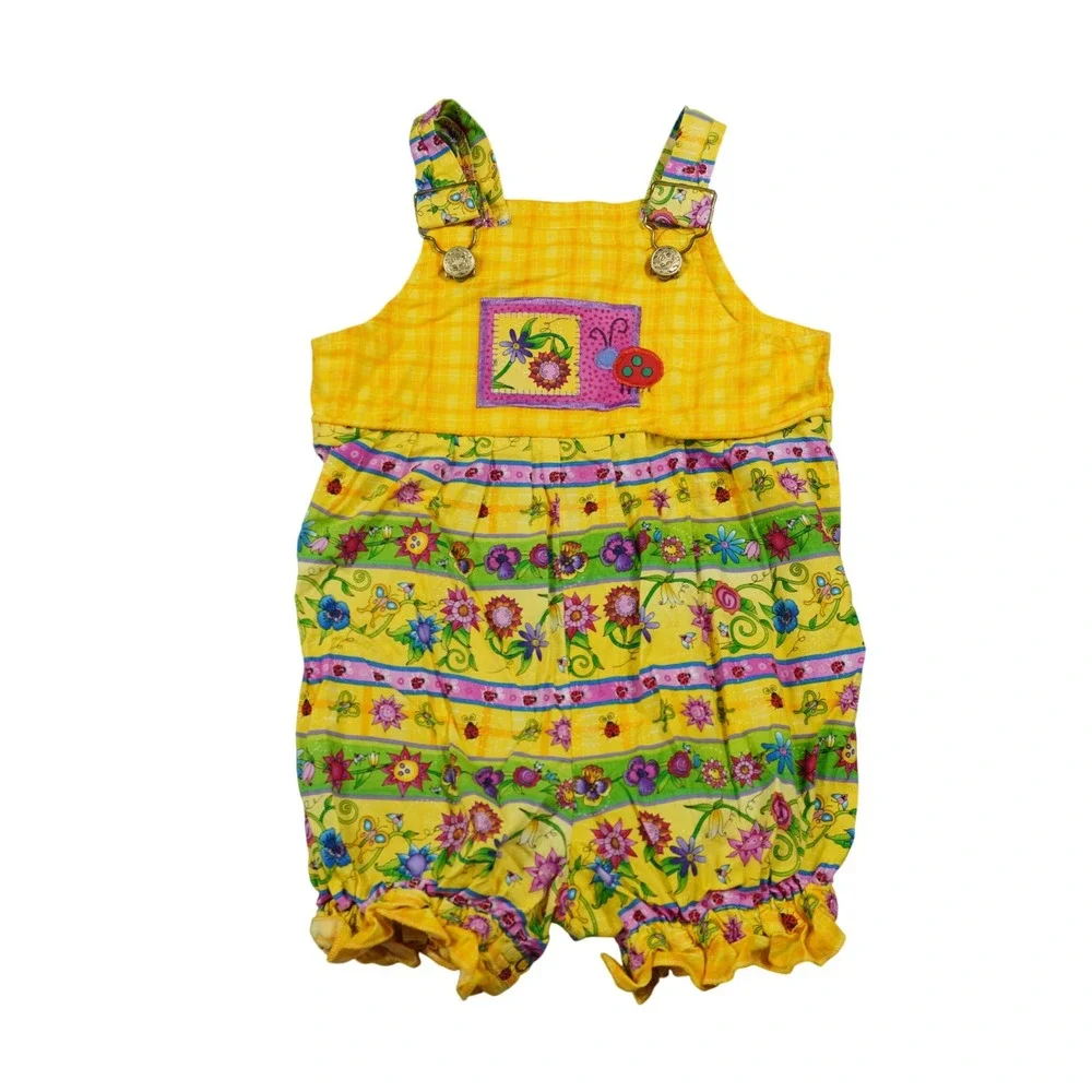 Logan Designs Kids Yellow Floral Ladybug Plaid Cotton Romper Handmade USA 24M