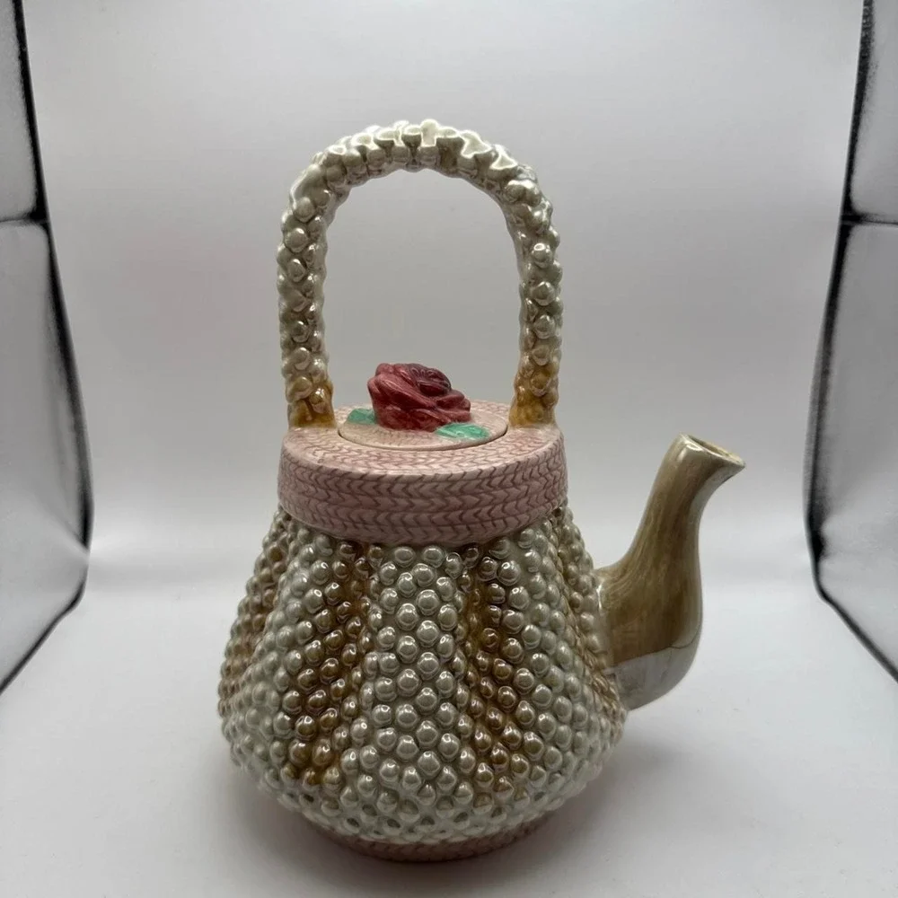 Cream and pink beaded floral teapot