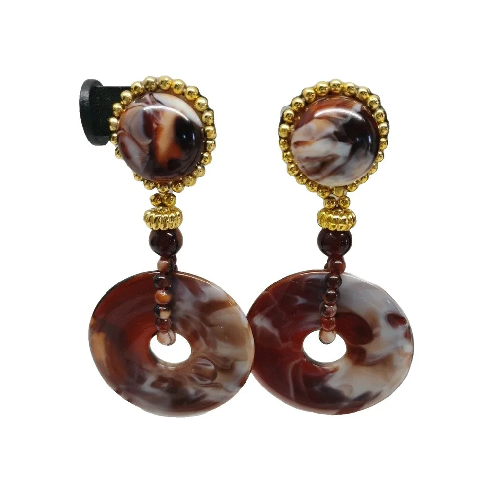 Vintage Brown White‎ Acrylic Dangle Clip On Earrings Statement Costume