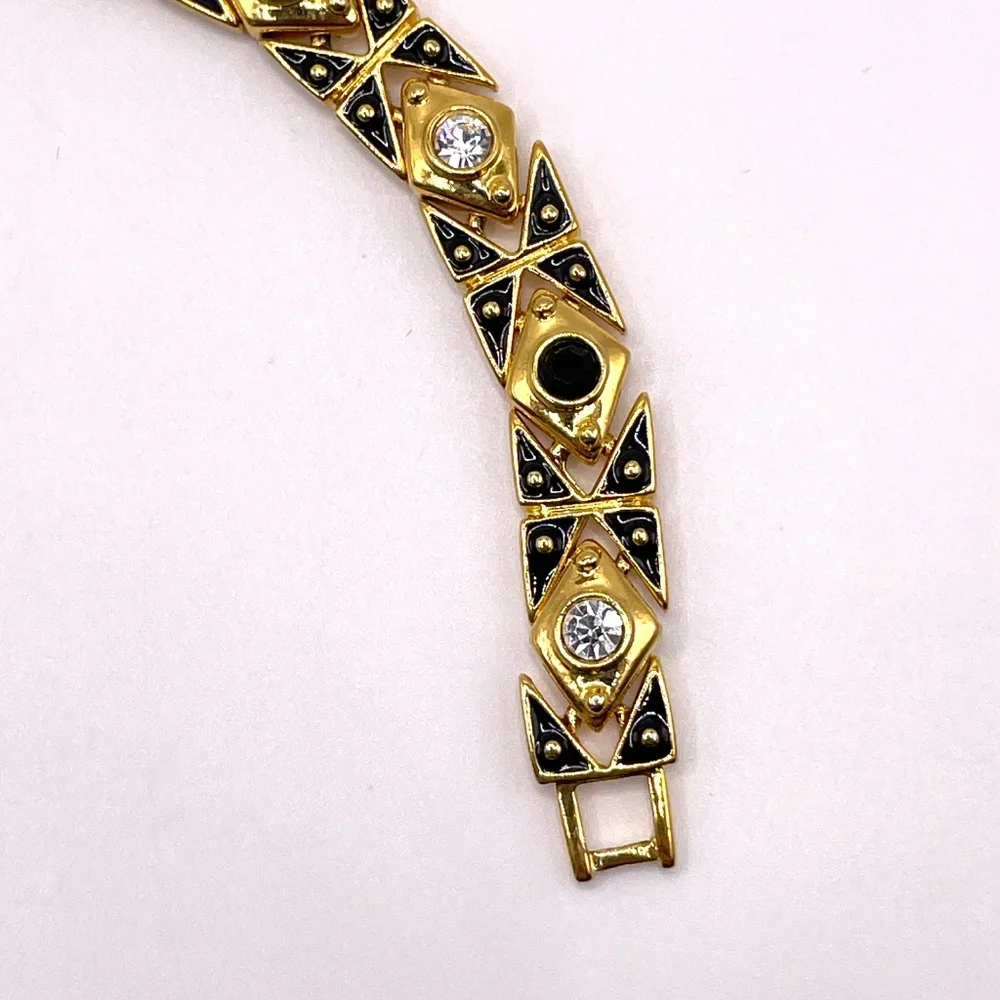 Joan Rivers Signed Vintage Gold Tone Crystal Enamel Link Bracelet 7 1/4