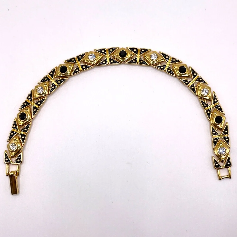 Joan Rivers Signed Vintage Gold Tone Crystal Enamel Link Bracelet 7 1/4