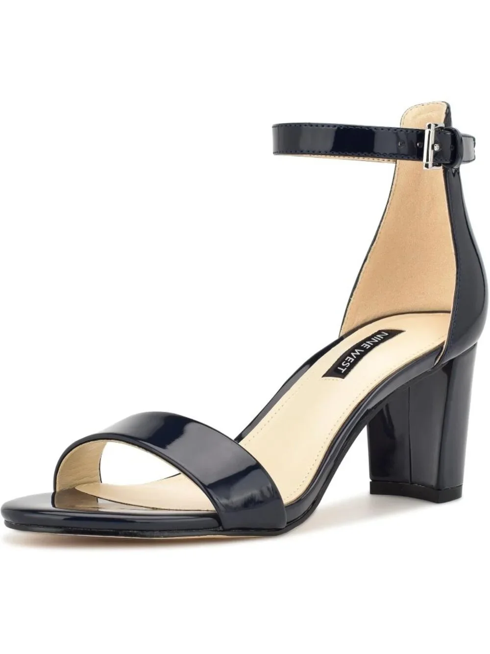 Women's Navy Blue Patent Round Toe Ankle Strap Wnpruce Block Heeled Sandal Shoes