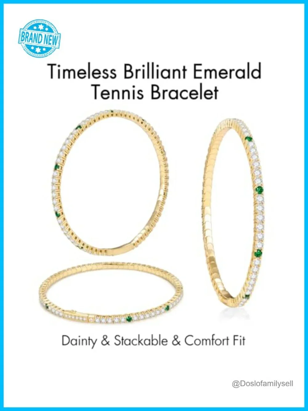 3mm Emerald Simulated Diamond Elastic Tennis Bracelet - Stackable Gold Plated