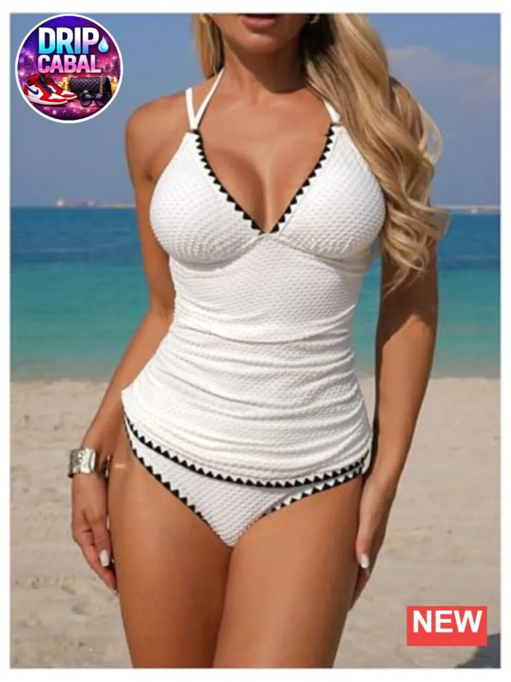 2 Piece Textured Halter Tankini Swimsuit with Tie Backless Top and Brief Bottom