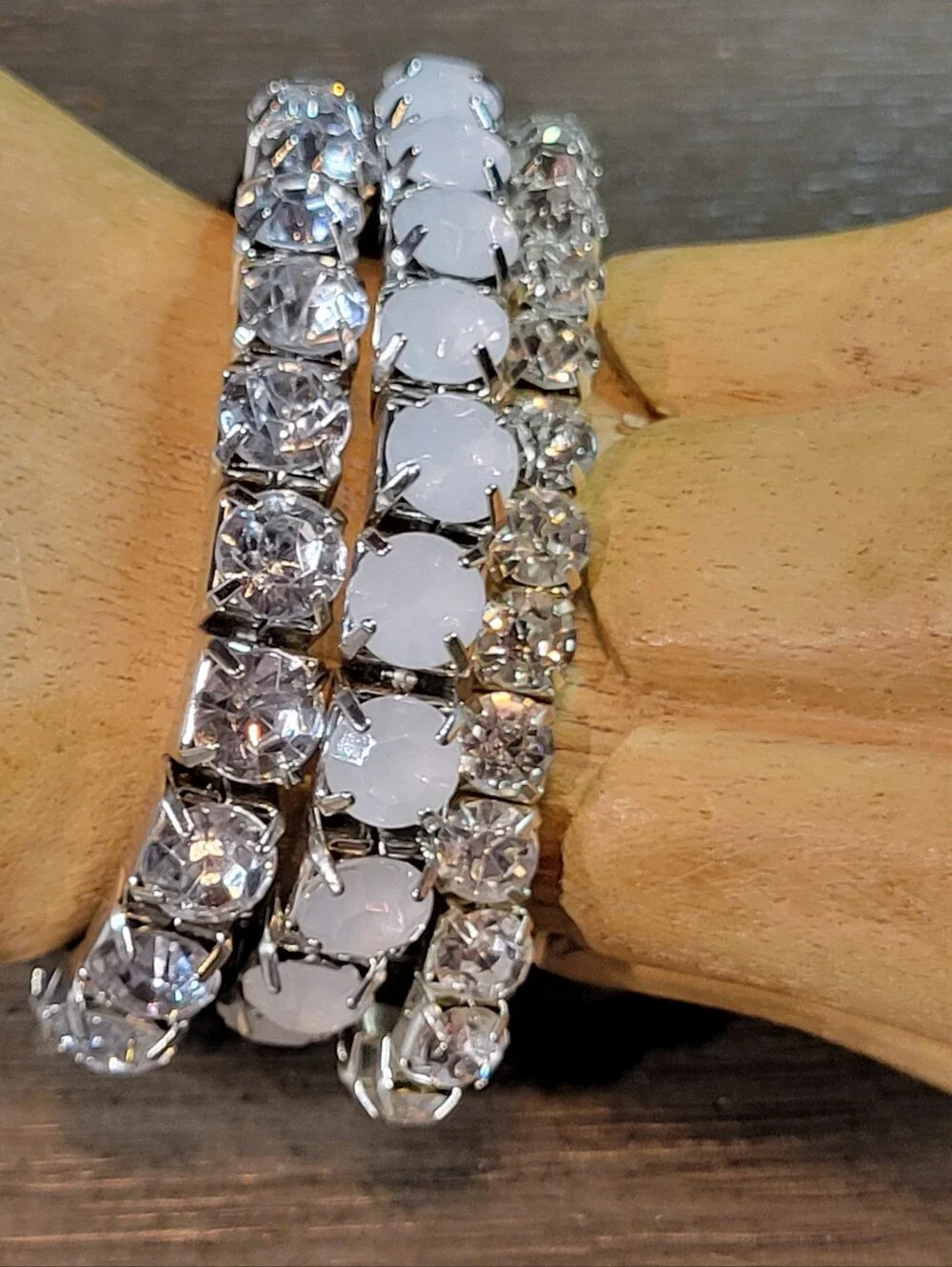 Set of 3 SilverTone White & Icy Rhinetstone Stretch Bracelets One Size Fits Most