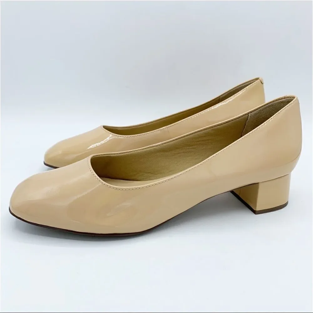 Trotters Tan Patent Leather Chunky Low Heel Women’s  Pumps 9 Narrow‎ Square Toe