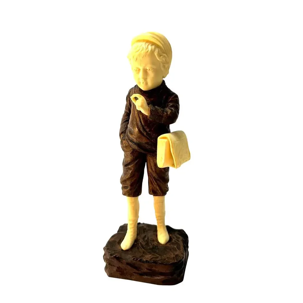 Small Resin and Wood Carved Figure Sculpture Boy w Satchel German?