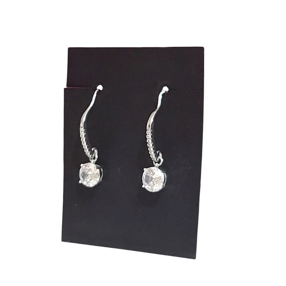 Vintage 925 Sterling Silver White Rhinestone Sparkle Dangle Drop Earrings
