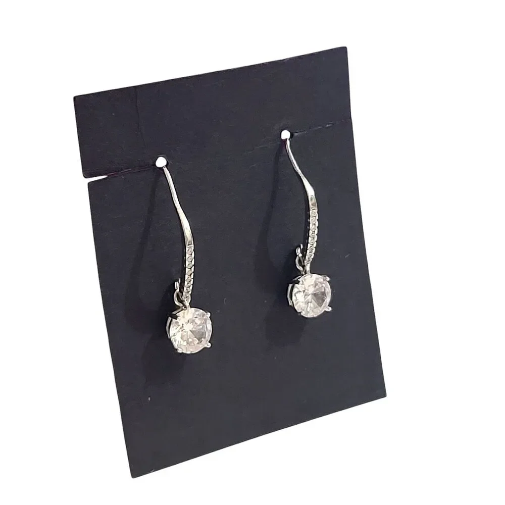 Vintage 925 Sterling Silver White Rhinestone Sparkle Dangle Drop Earrings