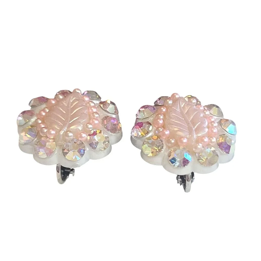 Vintage AB Rhinestone Shimmer Pink Leaf Clip On Earrings