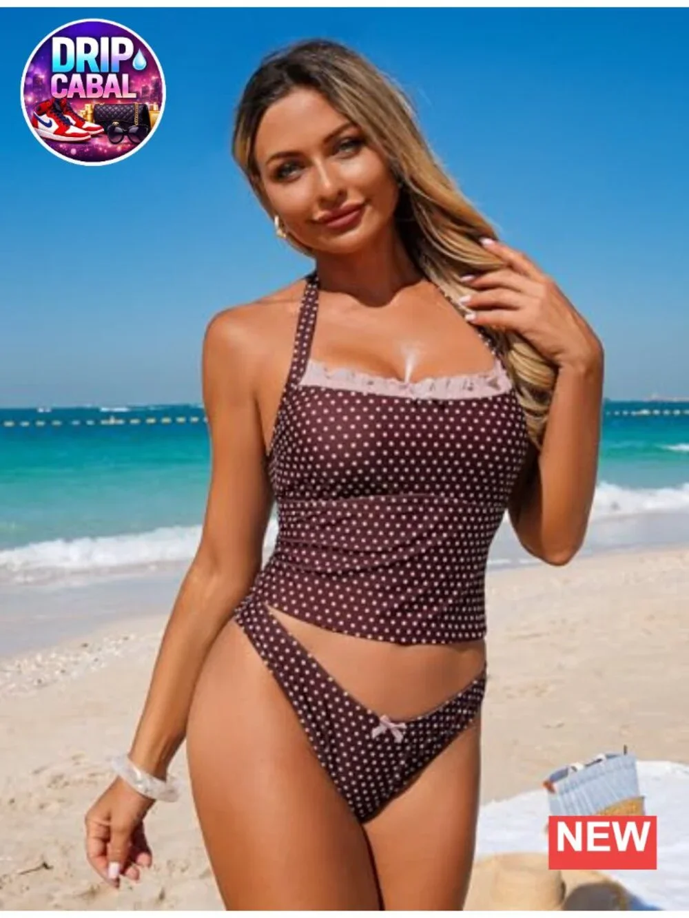 Halter Tummy Control Tankini Swimsuit Set with Ruffled Neckline Bow Accents