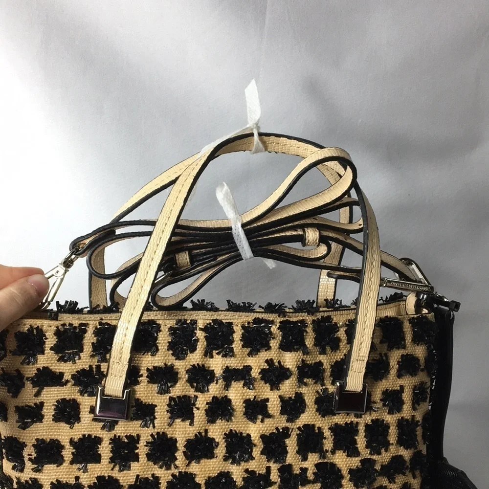 Christian Siriano Sabrina Woven Raffia Bag Tan and Black NEW with Tags