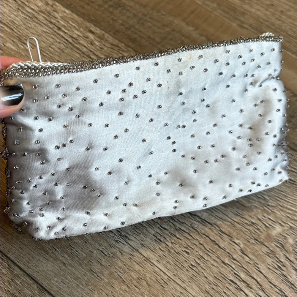Vintage Valerie Stevens Silver Satin Clutch w Sequin & Beaded Details & Strap