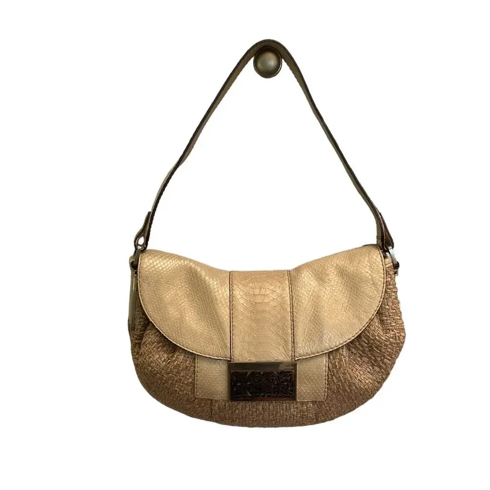 Calvin Klein Snakeskin Print Woven Hobo Bag Beige and Tan