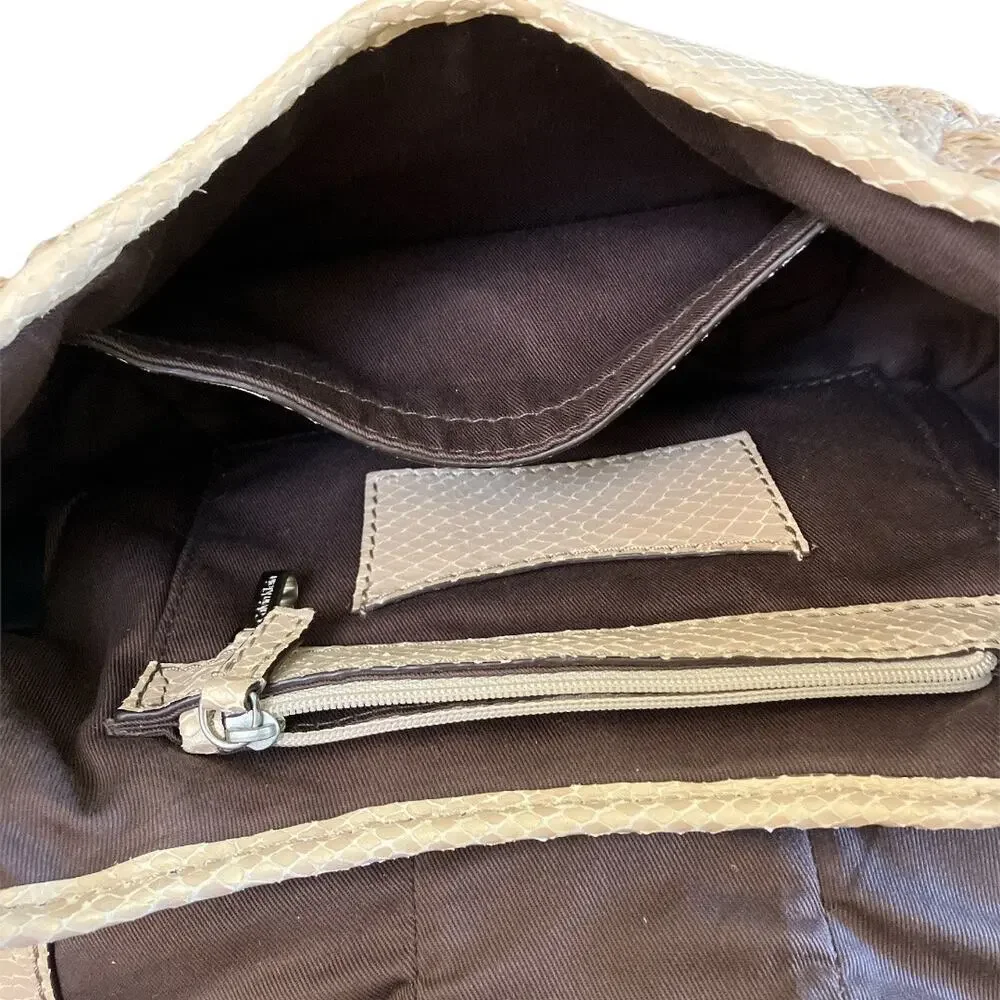 Calvin Klein Snakeskin Print Woven Hobo Bag Beige and Tan
