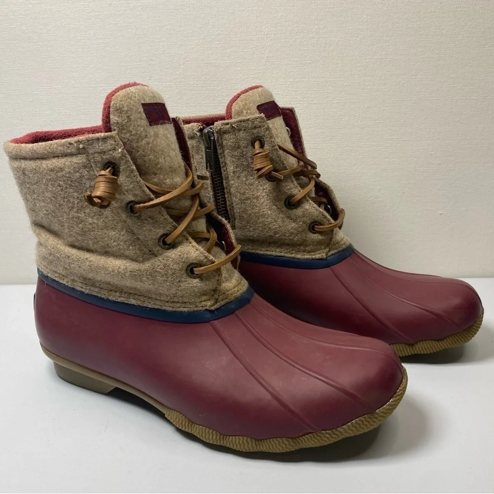Sperry Saltwater Wool duck boots sz‎ 8 Rubber Side Zip Fleece Lined red tan
