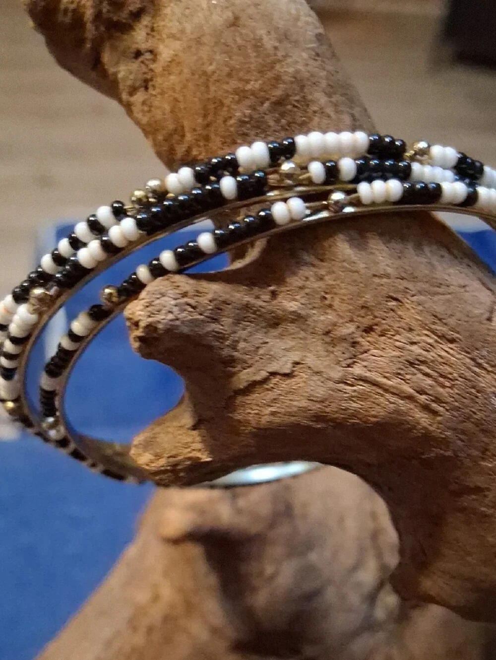 Vintage Gold Hoop Earrings with Black and White Beads