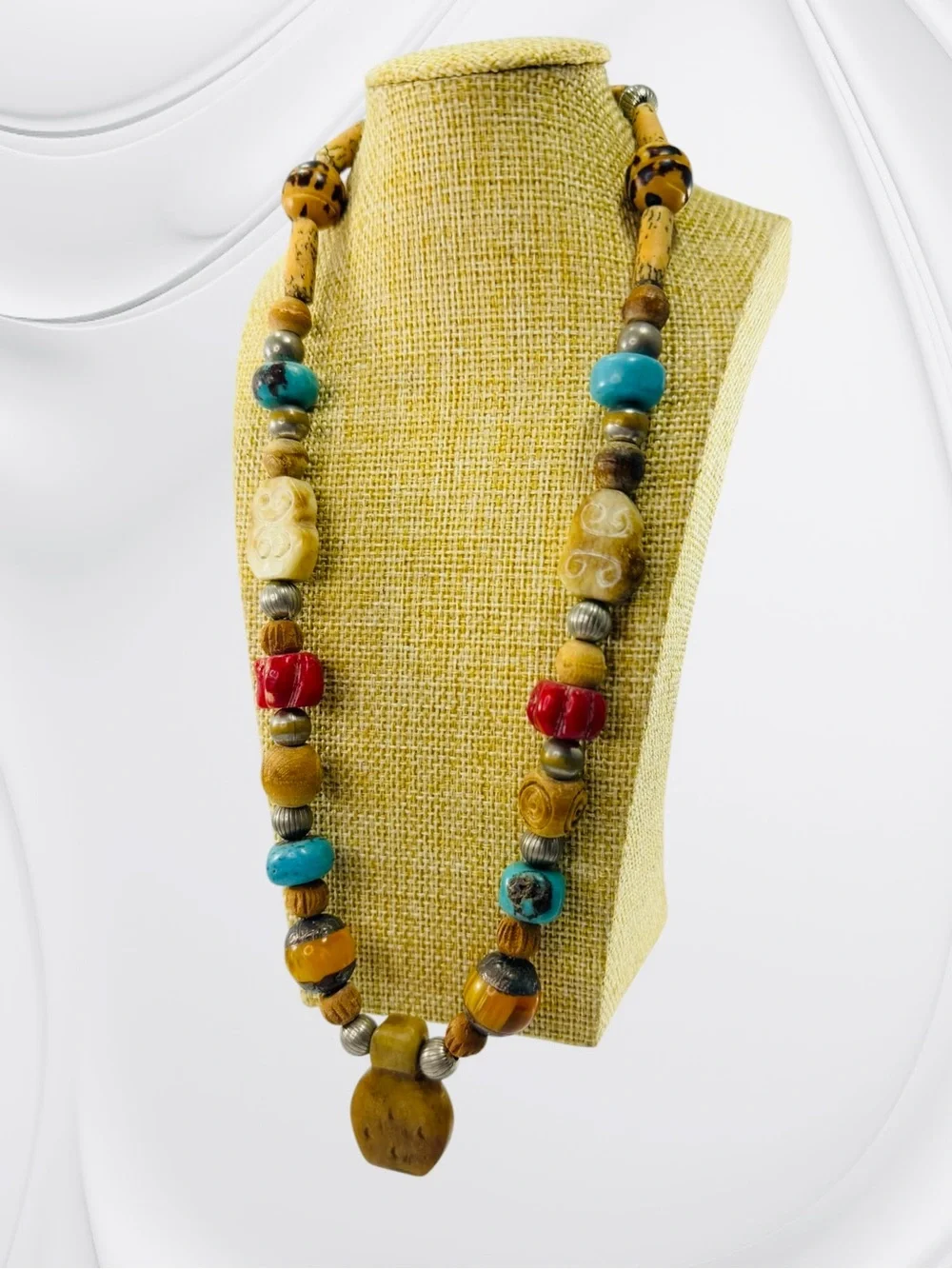 Tibetan Style Wood Stone Pendant Bead Necklace 18” Boho Dangle Red Turquoise
