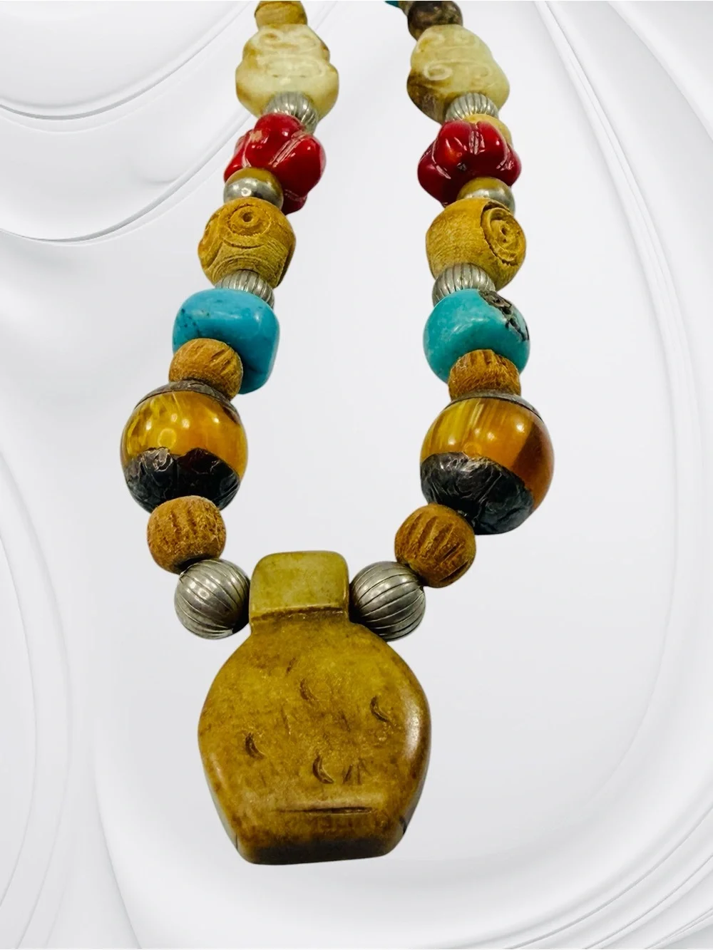 Tibetan Style Wood Stone Pendant Bead Necklace 18” Boho Dangle Red Turquoise