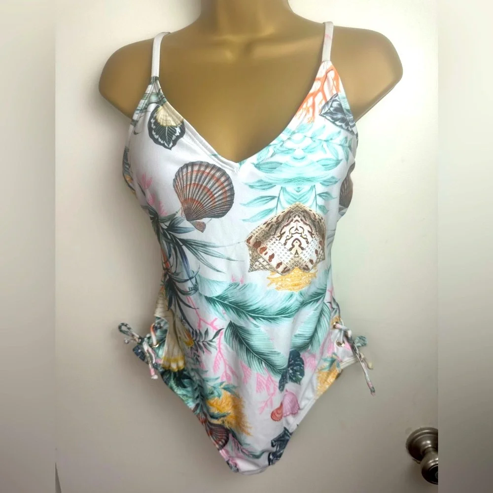 RACHEL Racheal Roy Seashell PalmTree Small LaceUp Sides One Piece Swimsuit NWT L