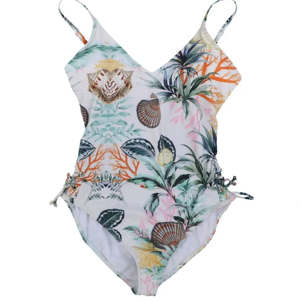 RACHEL Racheal Roy Seashell PalmTree Small LaceUp Sides One Piece Swimsuit NWT L