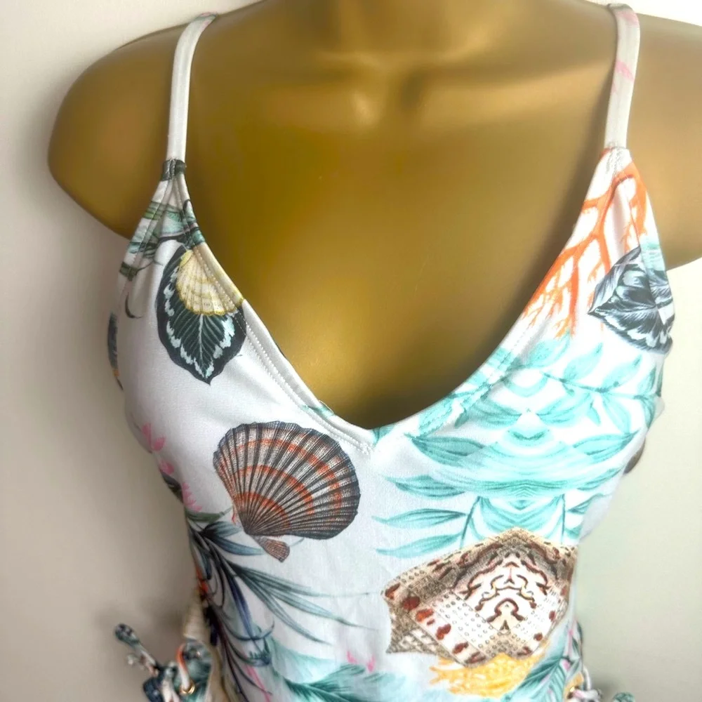 RACHEL Racheal Roy Seashell PalmTree Small LaceUp Sides One Piece Swimsuit NWT L