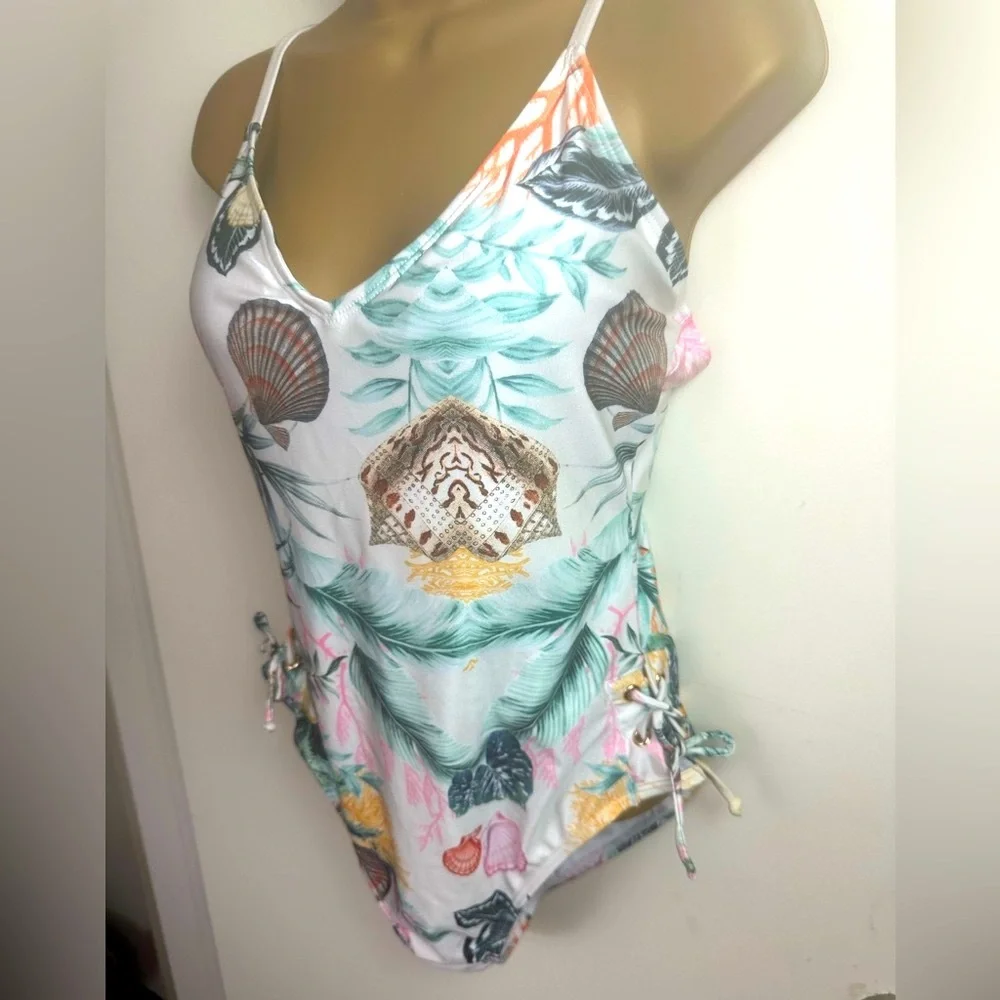 RACHEL Racheal Roy Seashell PalmTree Small LaceUp Sides One Piece Swimsuit NWT L