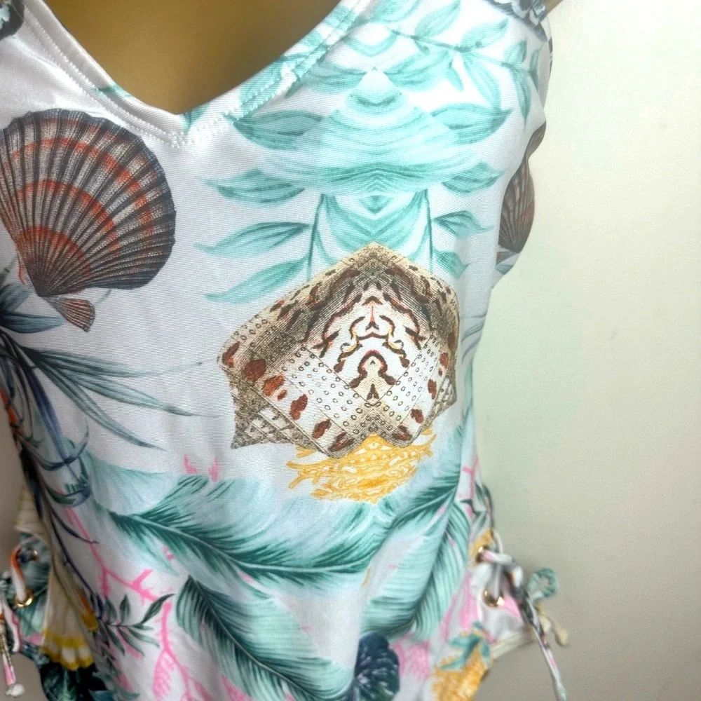 RACHEL Racheal Roy Seashell PalmTree Small LaceUp Sides One Piece Swimsuit NWT L