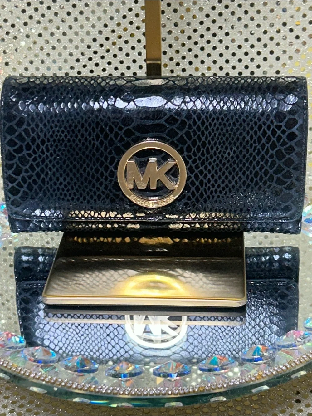 Michael Kors Black Snake-Embossed Wallet with Gold MK Emblem Approx. 6 x 4