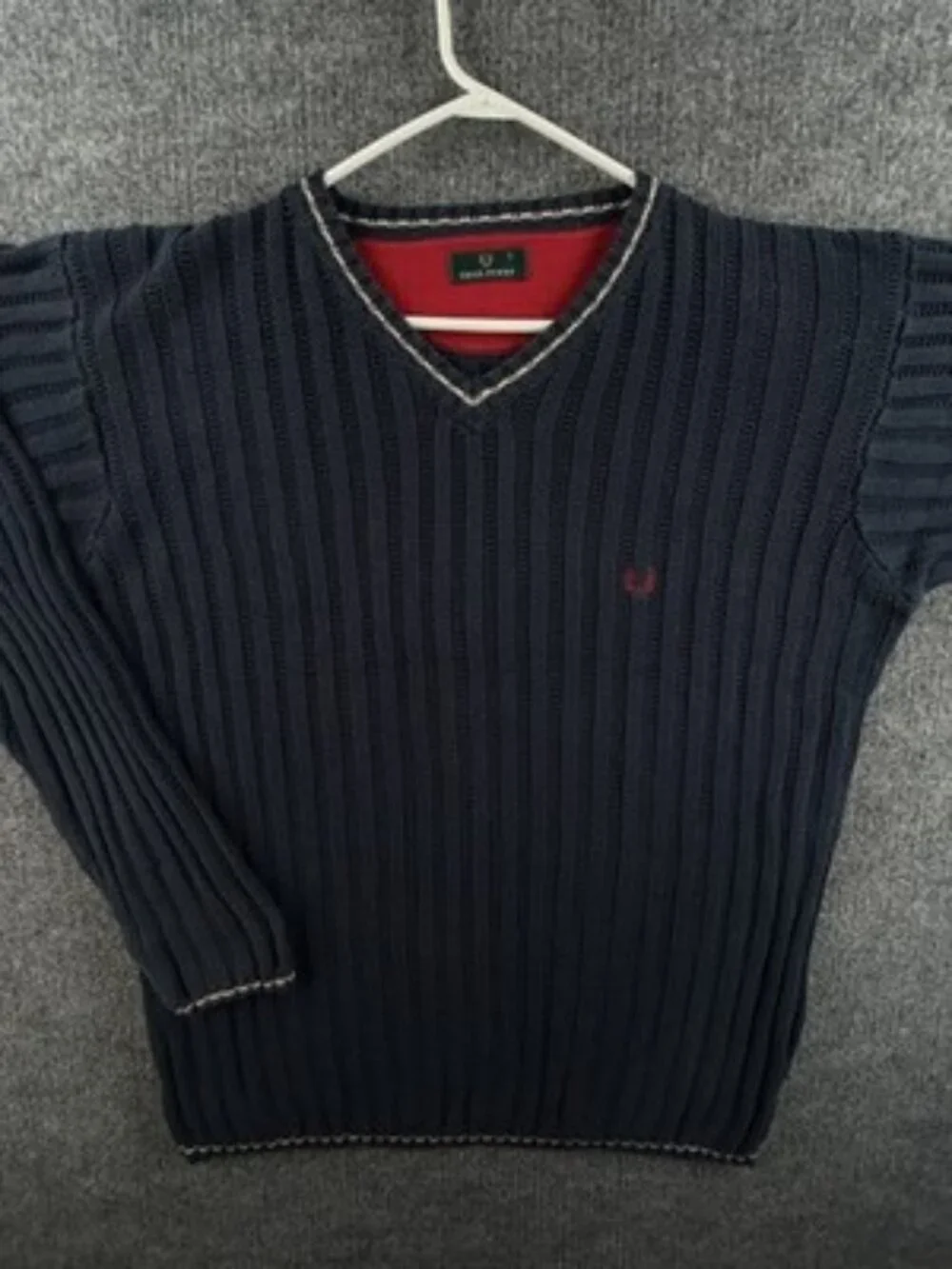 Fred Perry Heavyweight Large Logo V-Neck Blue Men Pullover Sweater Cotton Knit