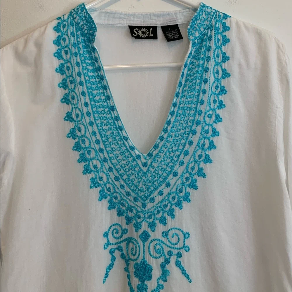 SOL India Gauze Turquoise Embroidery Coverup Tunic Large