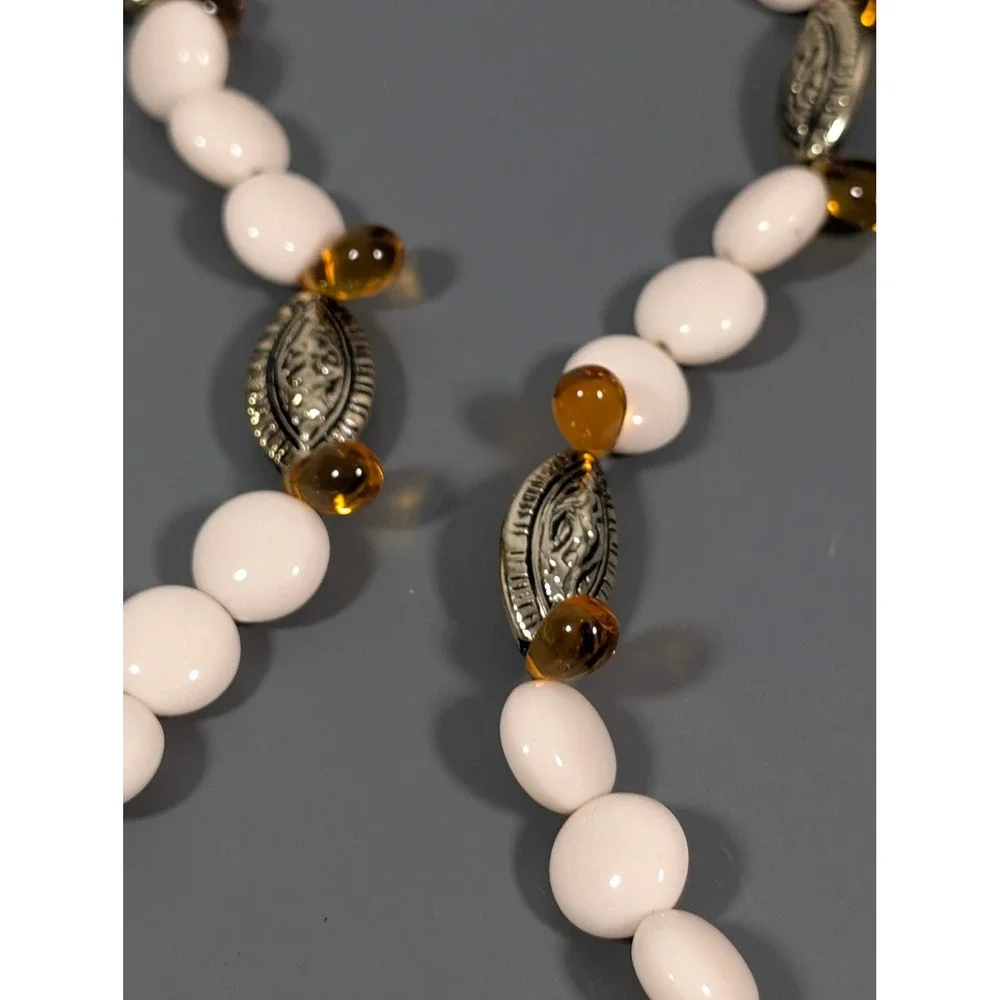 Amber Glass Briolette Bead Necklace Cream Beads Toggle Clasp 20