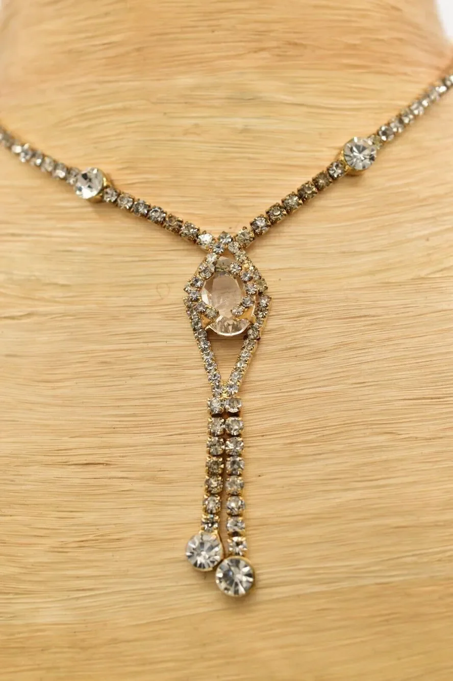 Vintage Crystal Collar Necklace Y Drop Prong Rhinestone Gold Tone Shiny BinBD