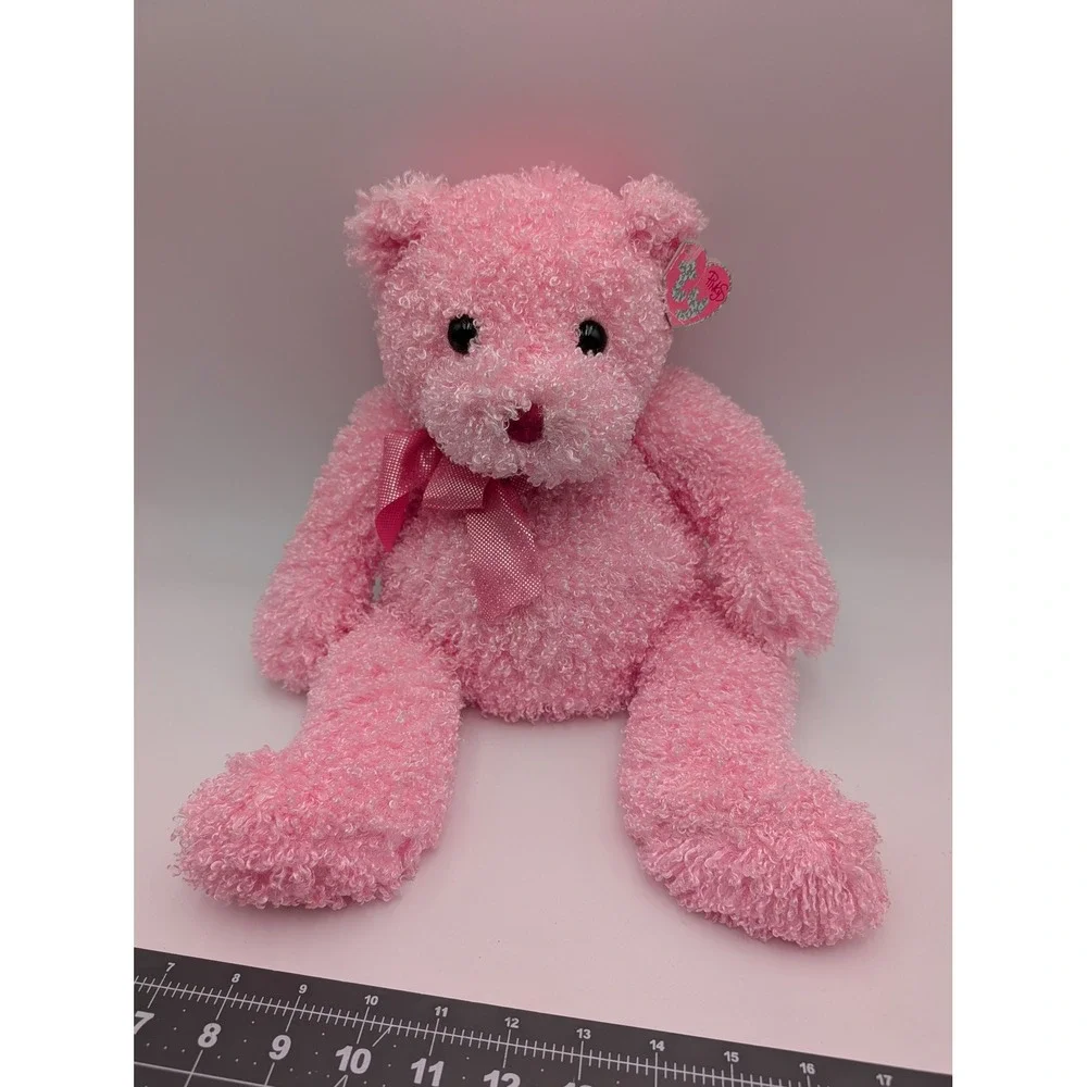 Ty Pinkys Shimmers Plush Bear‎ Pink Curly Fur Satin Bow 2004 16 Inch Stuffed