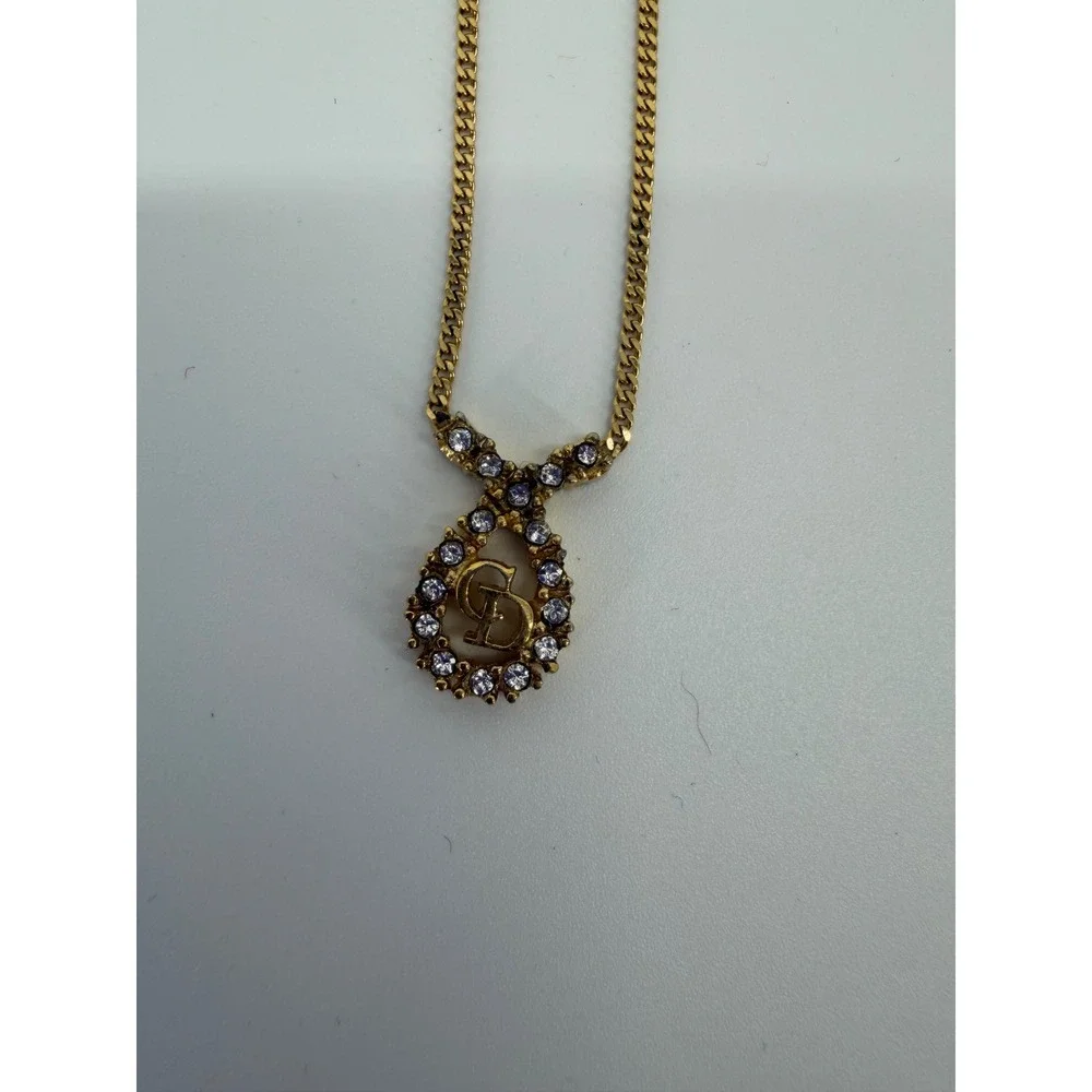 Authentic Vintage Dior Crystal Logo‎ Pendant Necklace Gold Tone Designer Jewelry
