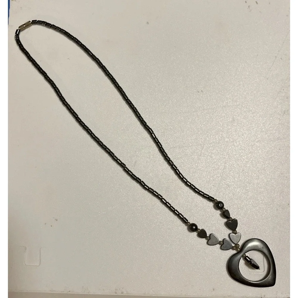 Vintage Hematite Heart Jewelry Pendant Necklace Gothic Energy Dark Metallic Look